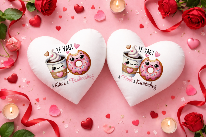 Te vagy a kávé/fánk páros szív párna