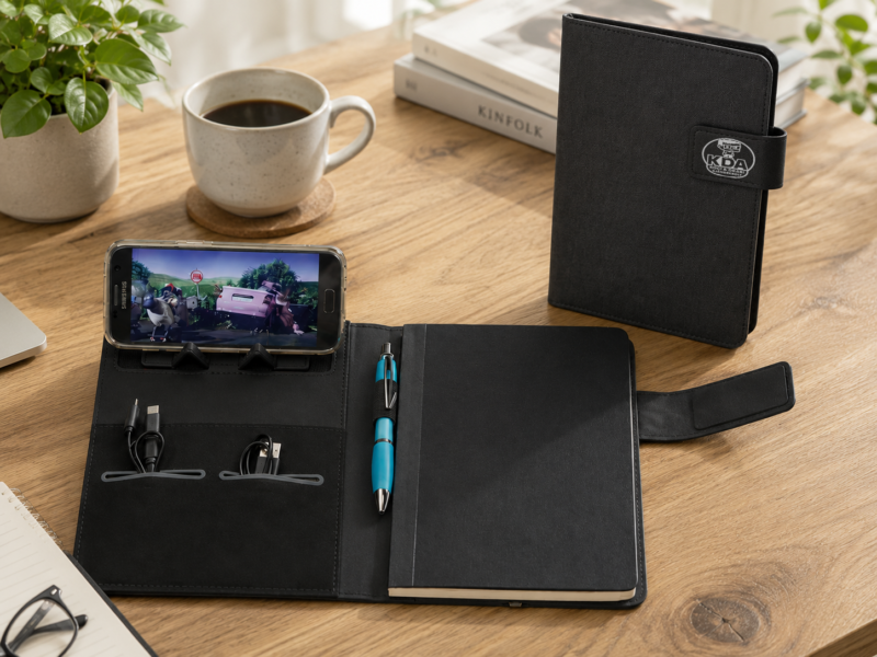 Egyedi gravírozott világító A5 jegyzetfüzet és powerbank mappa
