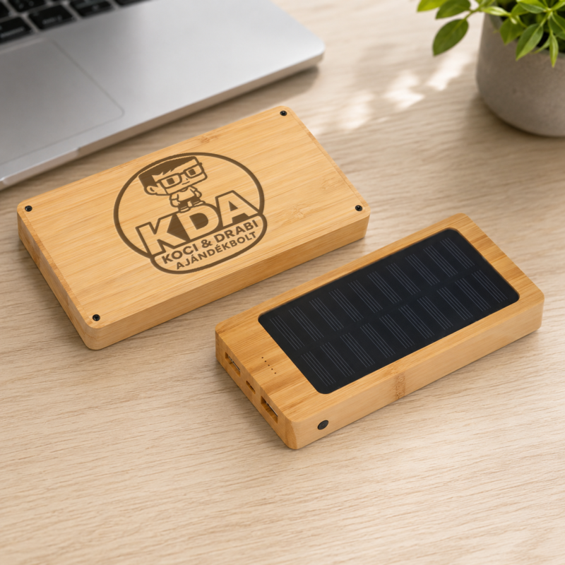 Egyedi gravírozott bambusz napelemes powerbank – 8000 mAh